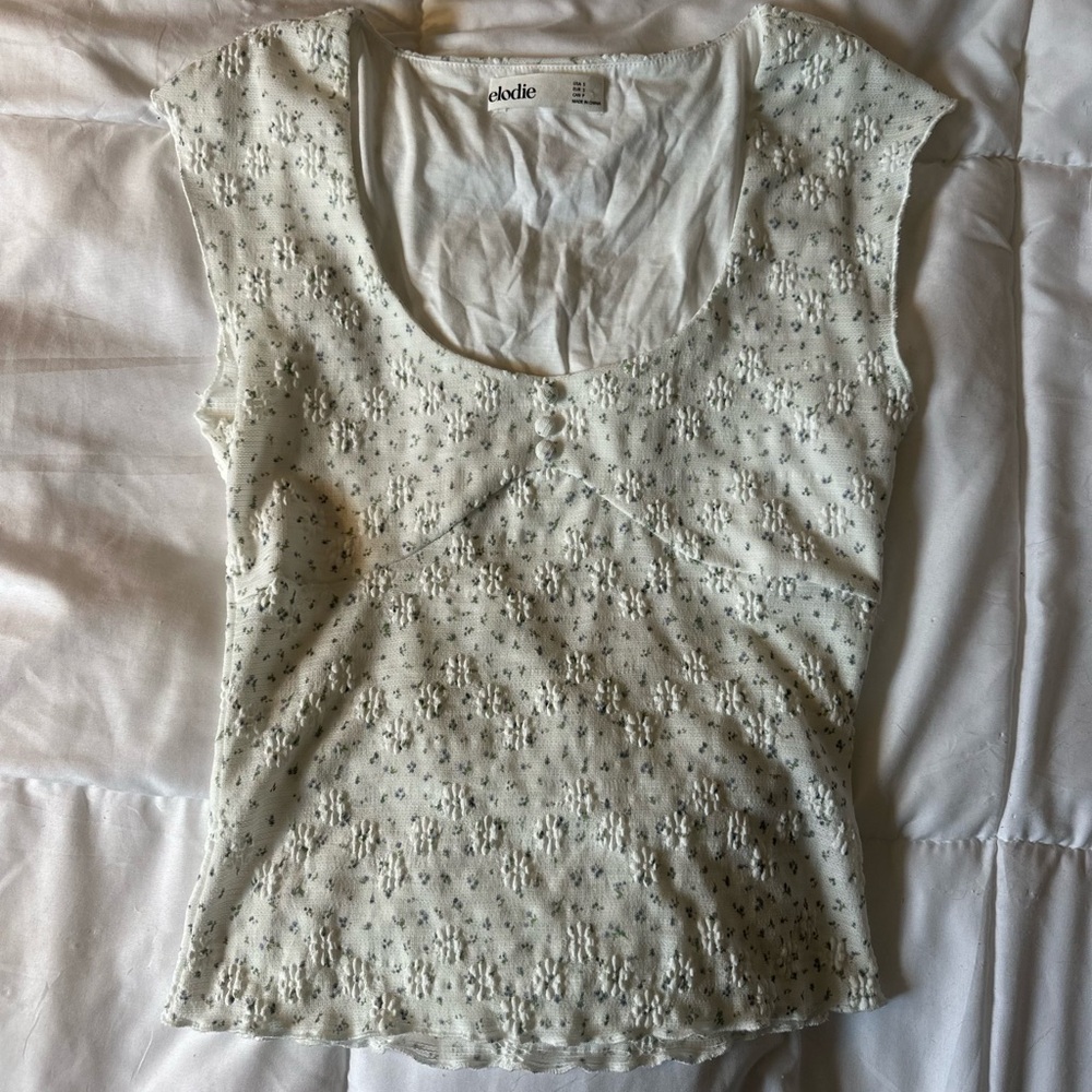 Elodie Floral Pointelle Knit Top - White & Blue Coquette Style - Size S